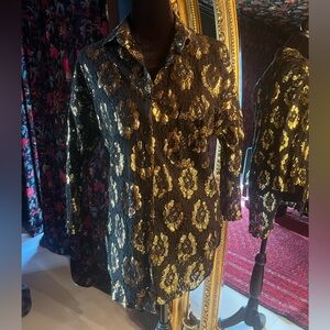 Vintage Black and Gold Floral Button Up Blouse See Through